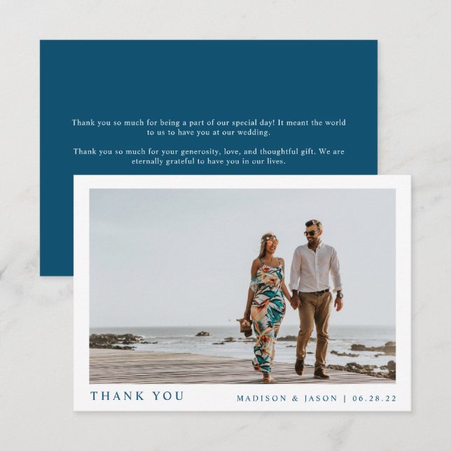 Simple Photo Navy Blue Wedding Thank You Card (Front/Back)