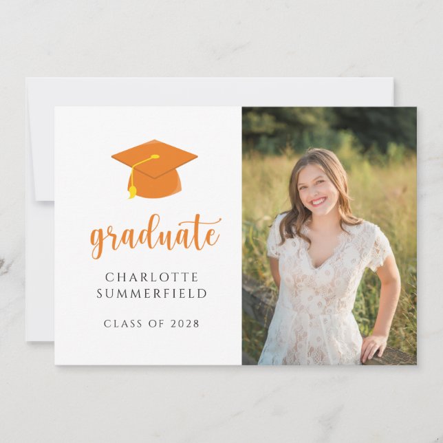 Simple Photo Orange White Graduation Announcement (Front)