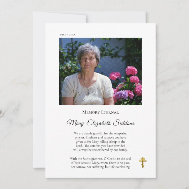 Simple Photo Orthodox Christian Funeral Thank You Card (Front)