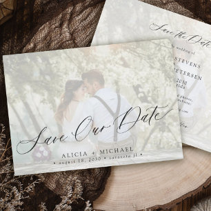 Simple photo overlay elegant script wedding save the date