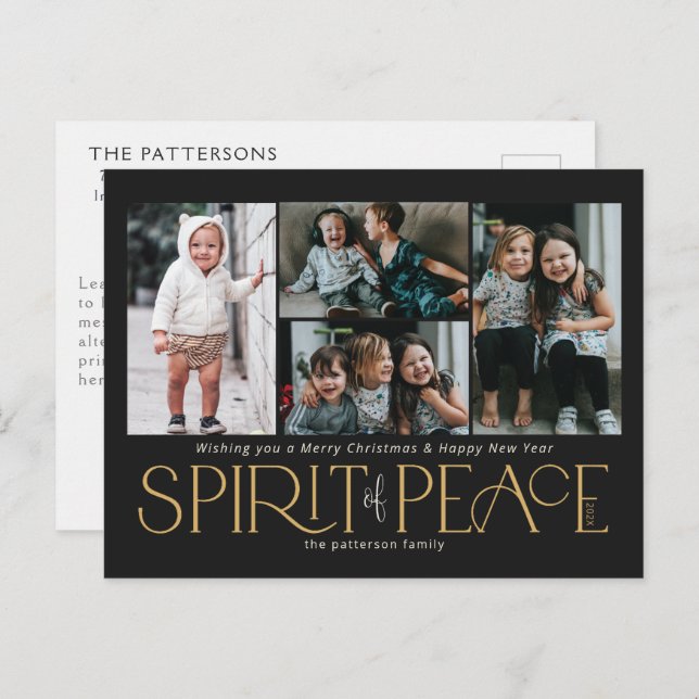 Simple Photo Peace Black Gold Holiday Postcard (Front/Back)
