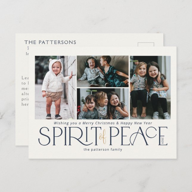 Simple Photo Peace Navy Gold Holiday Postcard (Front/Back)