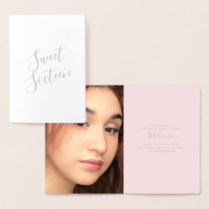 Simple Photo Pink Sweet Sixteen Script Foil Card