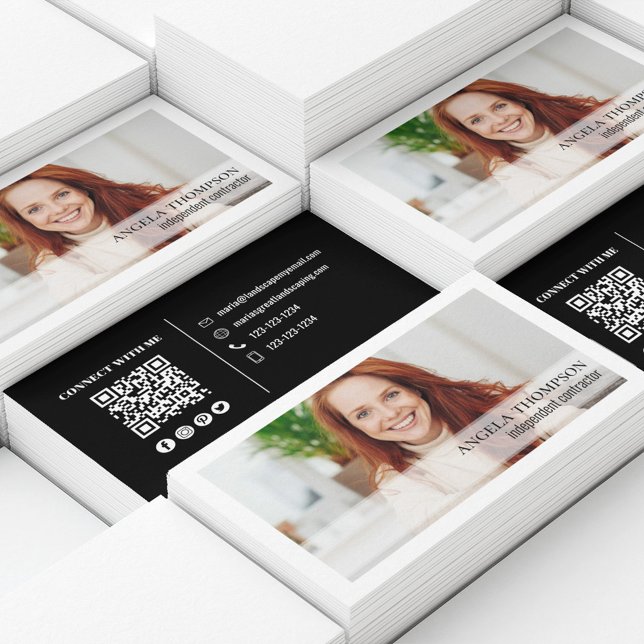 Simple Photo Professional QR Code Black Business Card (Simple business card with photo and QR Code. )