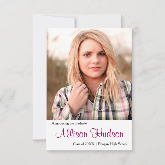 Simple Photo Purple Name - 3x5 Grad Announcement (Front)