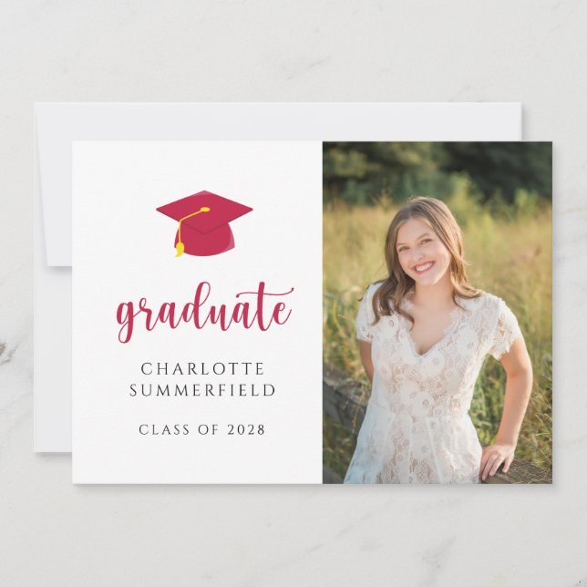 Simple Photo Red & White Graduation Announcement (Front)