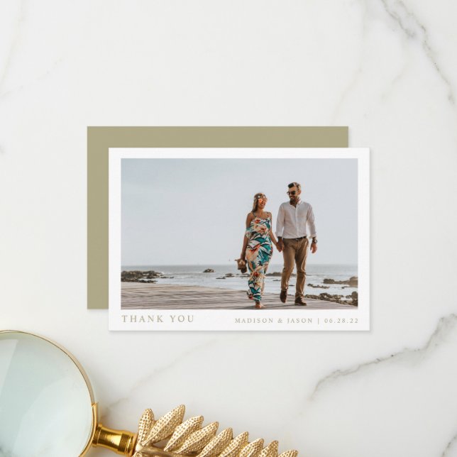 Simple Photo Sage Green Wedding Thank You Card (Front/Back In Situ)