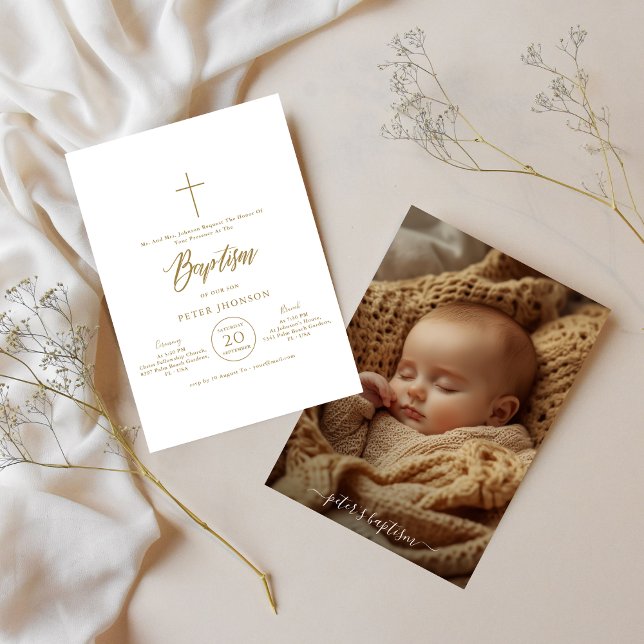 Simple Photo Script Gold Gender Neutral Baptism Invitation (Creator Uploaded)