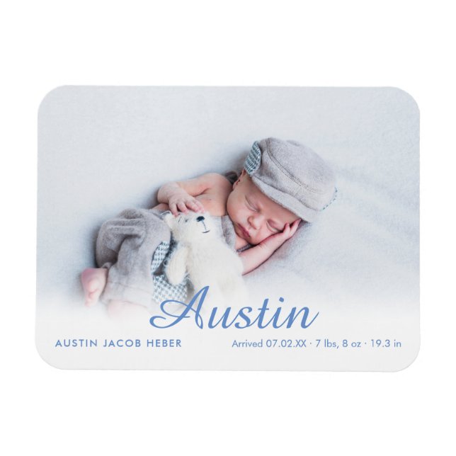 Simple Photo Script Name Blue Birth Announcement Magnet (Horizontal)