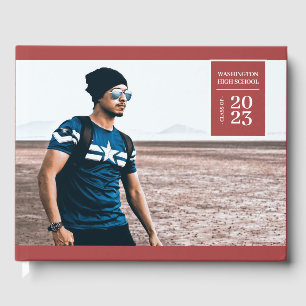 Simple Photo Tab Graduation Red Guest Book 