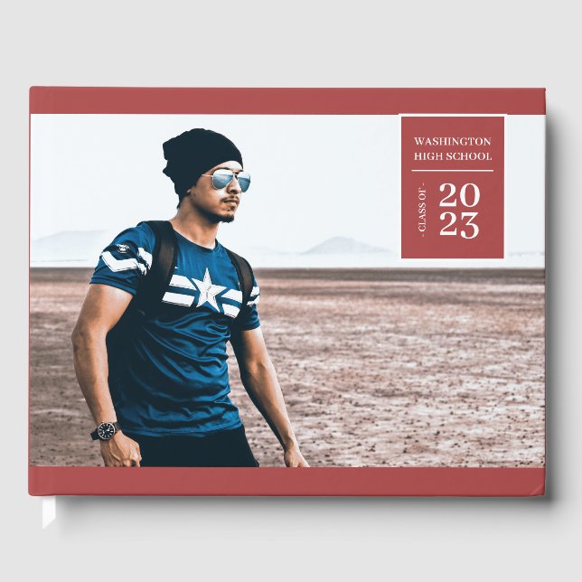 Simple Photo Tab Graduation Red Guest Book  (Front)