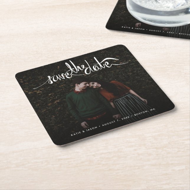 Simple Photo Wedding Save the Date Square Paper Coaster (Angled)