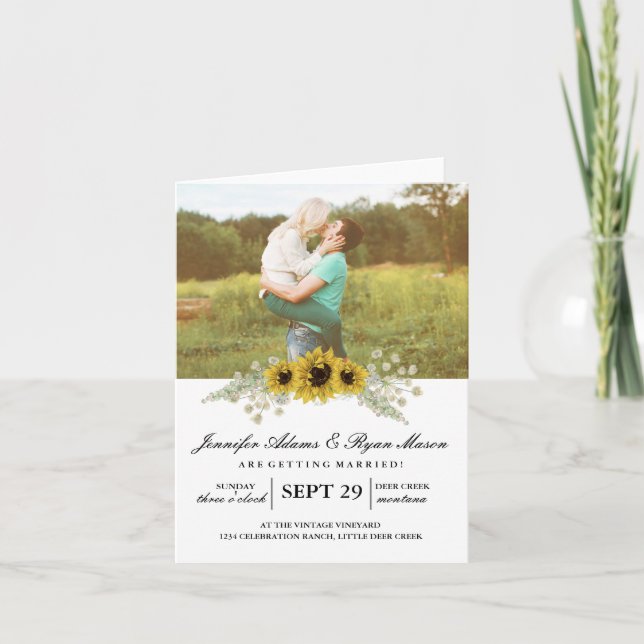 Simple Photo Wedding Sunflowers Invitation (Front)