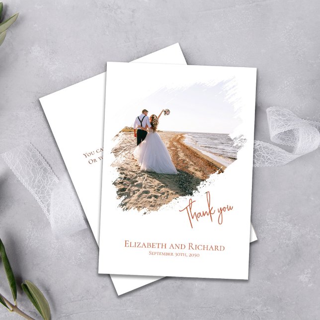 Simple Photo Wedding Thank You Custom  Card (Elegant photo with brush stroke effects wedding thank you card.)