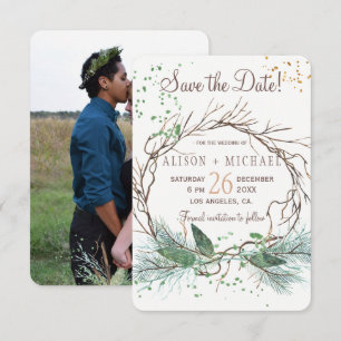 Simple photo winter wreath save date wedding save the date
