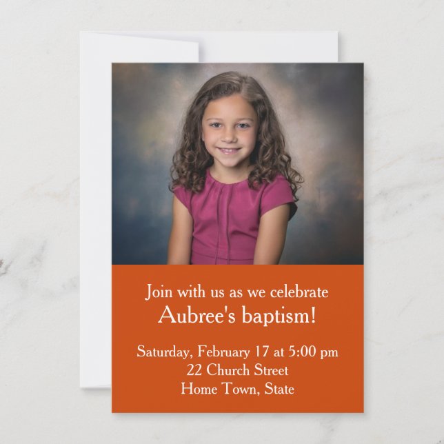 Simple Photo with Orange Zig-Zag Back Baptism Invitation (Front)