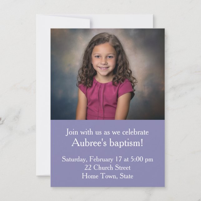 Simple Photo with Purple Zig-Zag Back Baptism Invitation (Front)