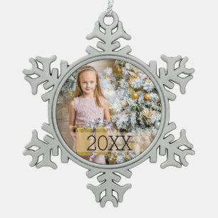 Simple Photo Year Snowflake Pewter Christmas Ornament