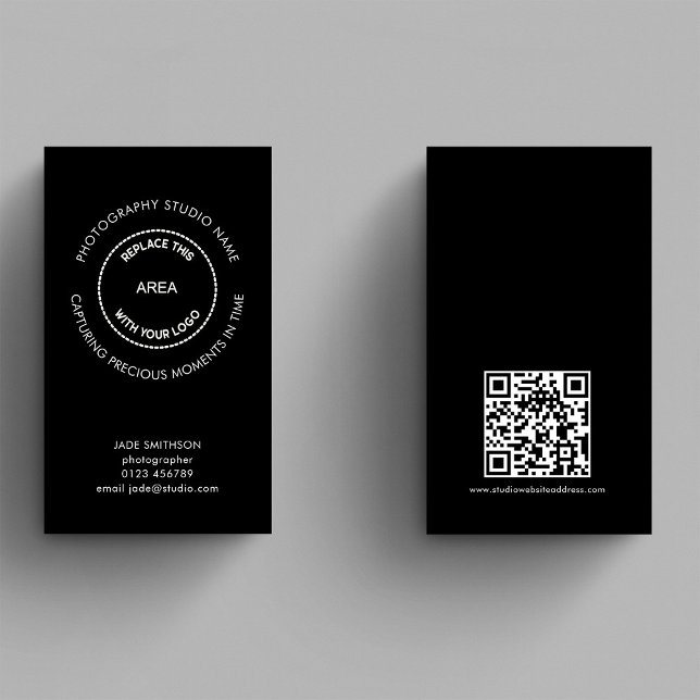 Simple Photography Studio QR Code Logo Quote Black Business Card (Creator Uploaded)