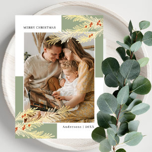 Simple Pine Branches Gold & Green Photo Christmas Holiday Card