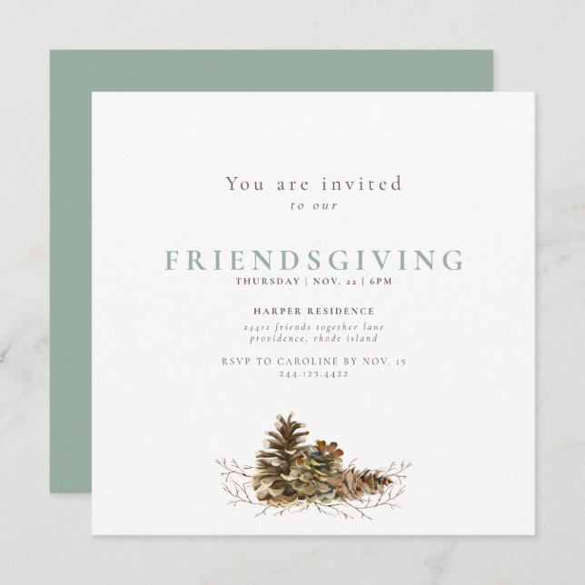 Simple Pine Cone Sage Friendsgiving Invitation (Front/Back)