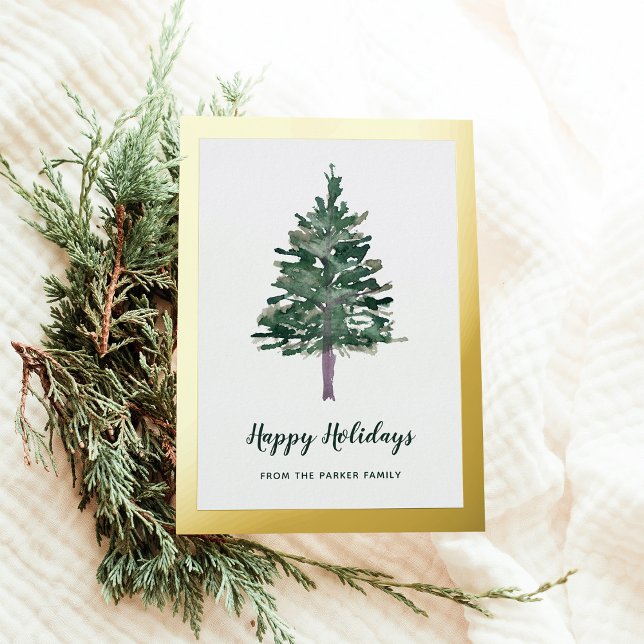 Simple Pine | Gold Foil Border Foil Holiday Card (Creator Uploaded)