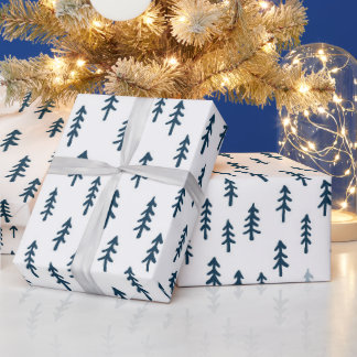 Simple Pine Tree Winter Forest in Blue Tones White Wrapping Paper