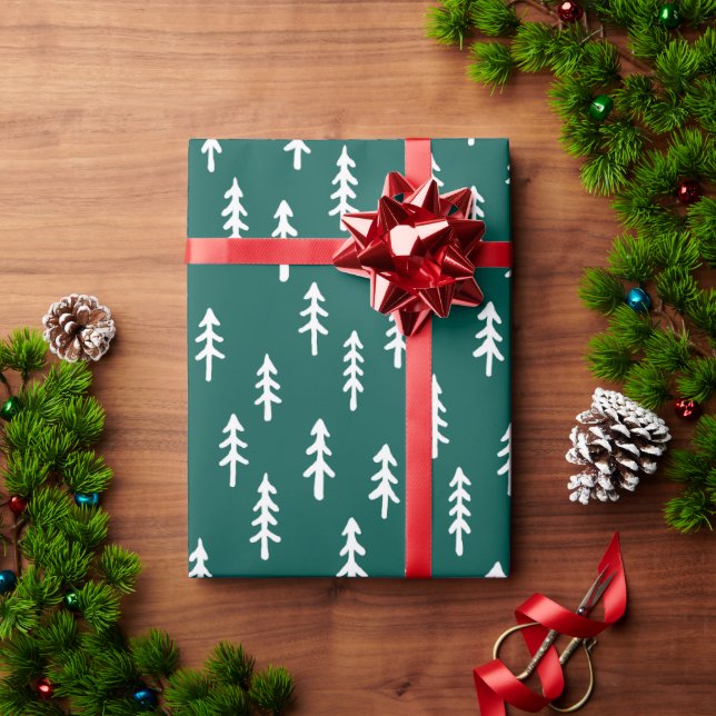 Simple Pine Tree Winter Forest in Emerald Green Wrapping Paper (Holiday Gift)