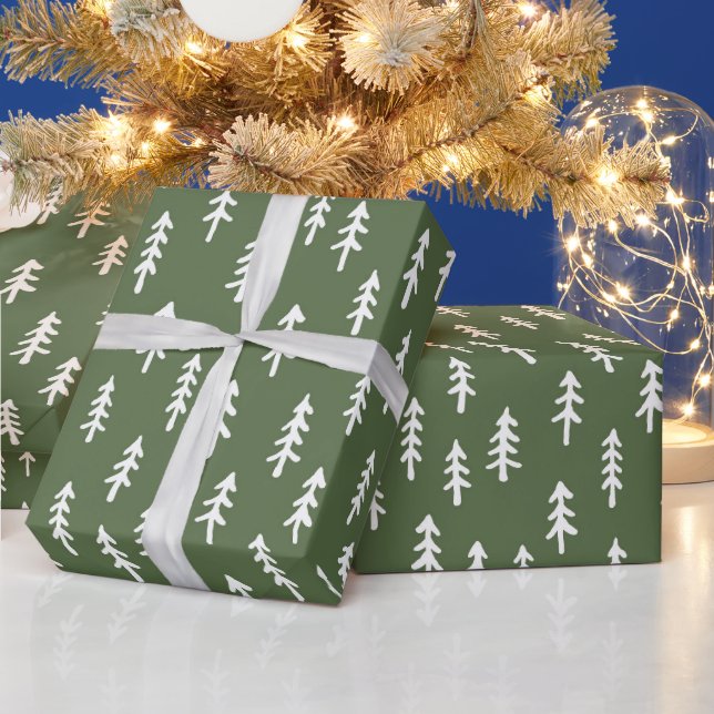 Simple Pine Tree Winter Forest in Warm Fern Green Wrapping Paper (Holidays)