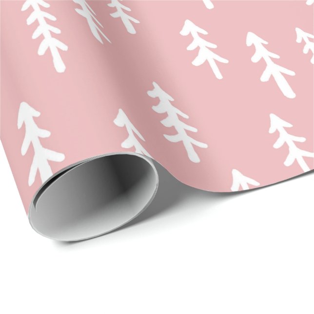 Simple Pine Tree Winter Forest in White On Pink Wrapping Paper (Roll Corner)