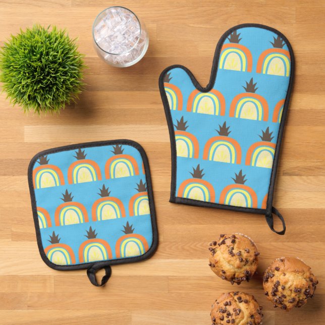 Simple Pineapple Rainbow Fruit Pattern Blue Oven Mitt & Pot Holder Set (Top Down)