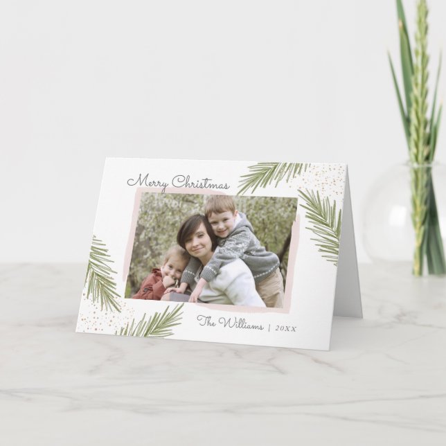 Simple Pines Blush, Christmas Photo Greeting Card (Front)