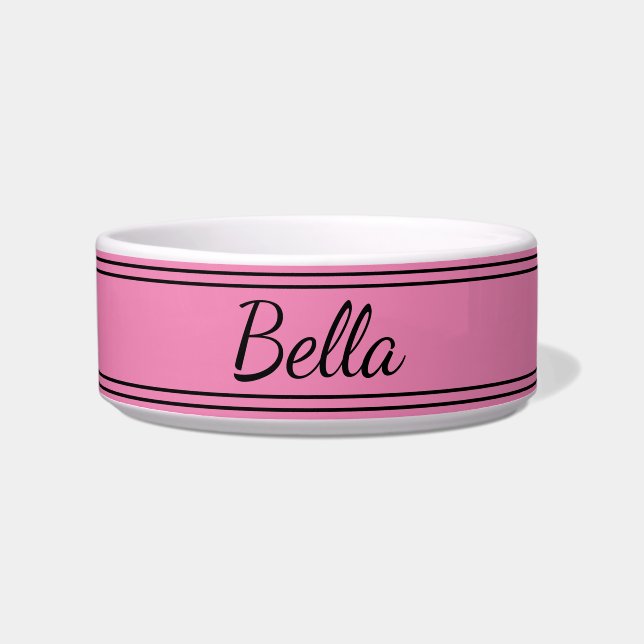 Simple Pink and Black Cursive Script Name Pet Bowl (Front)