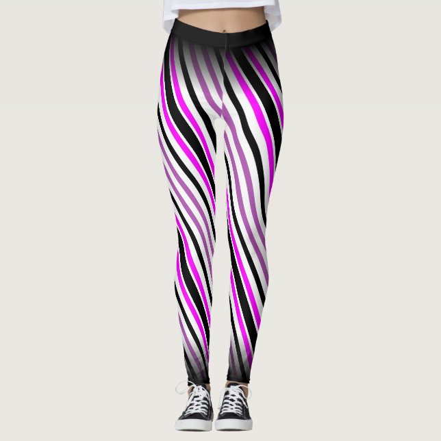 Simple Pink and Black Vertical Stripes on White Leggings (Front)