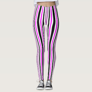 Simple Pink and Black Vertical Stripes on White Leggings