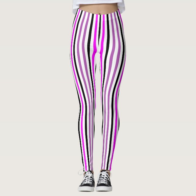 Simple Pink and Black Vertical Stripes on White Leggings (Front)