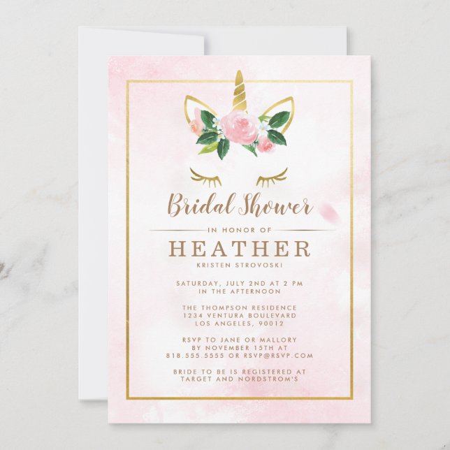 Simple Pink and Gold Unicorn Bridal Shower Invitation (Front)