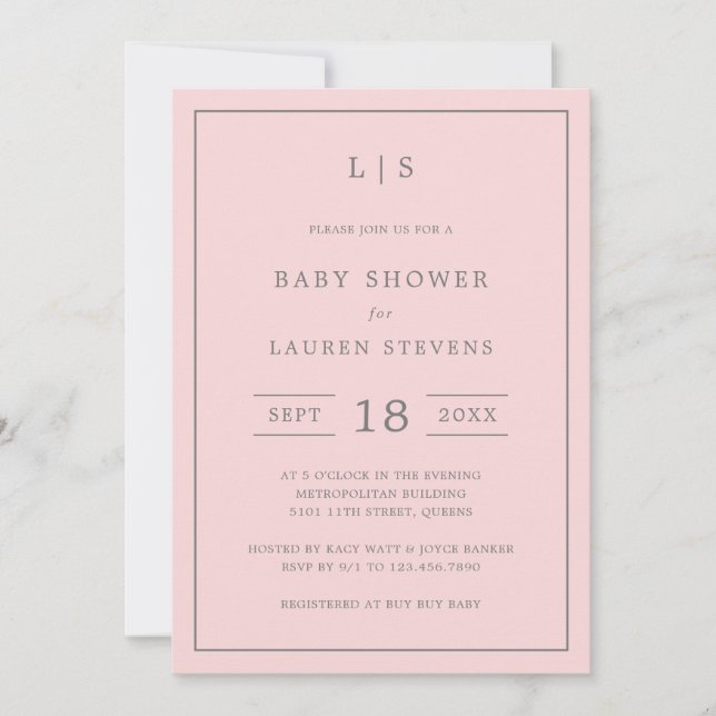 Simple Pink and Grey Monogram Girl Baby Shower Invitation (Front)