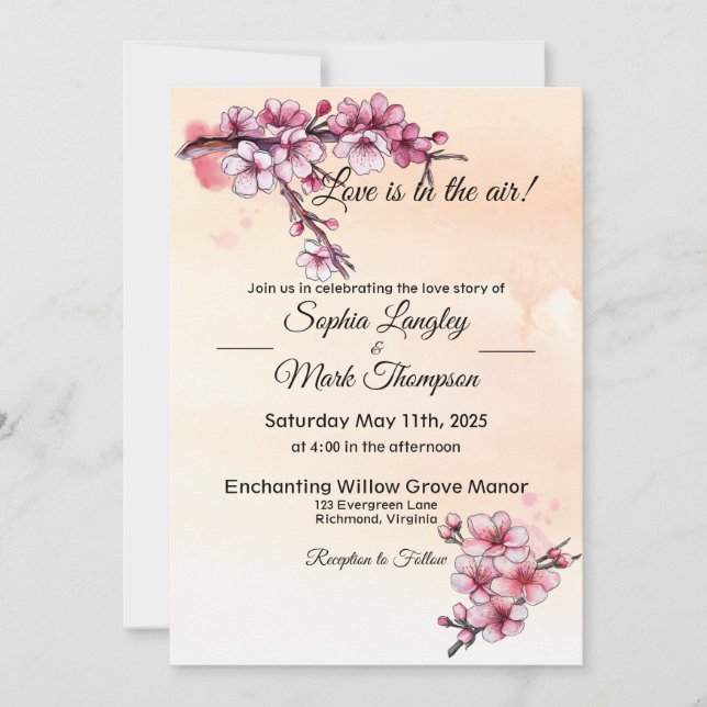 Simple Pink and Ivory Floral Watercolor Invitation (Front)