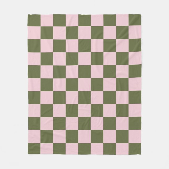Simple Pink and Olive Green Chequered Pattern Fleece Blanket (Front)