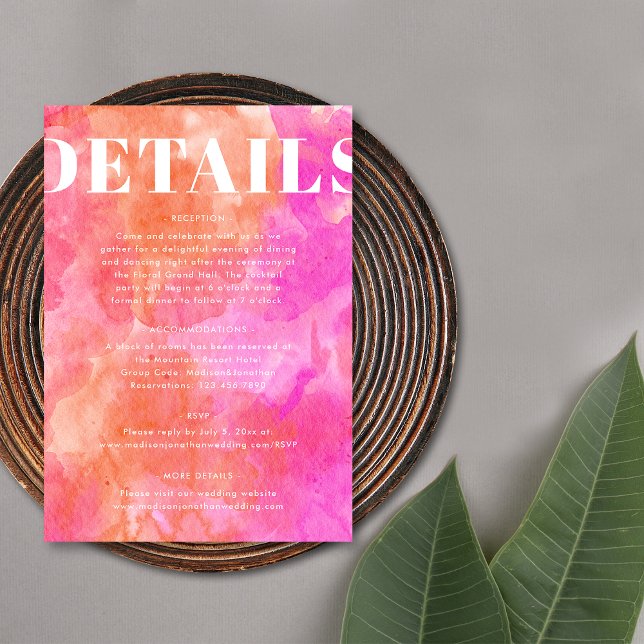 Simple Pink and Orange Bold Modern Wedding Details Enclosure Card (Front)