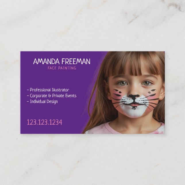 Simple Pink and Purple Kid Face Painting Business Card (Front)