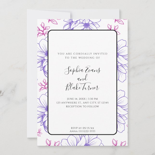 Simple Pink and Purple Line Drawn Flowers Wedding Invitation (Front)