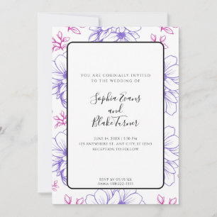 Simple Pink and Purple Line Drawn Flowers Wedding Invitation