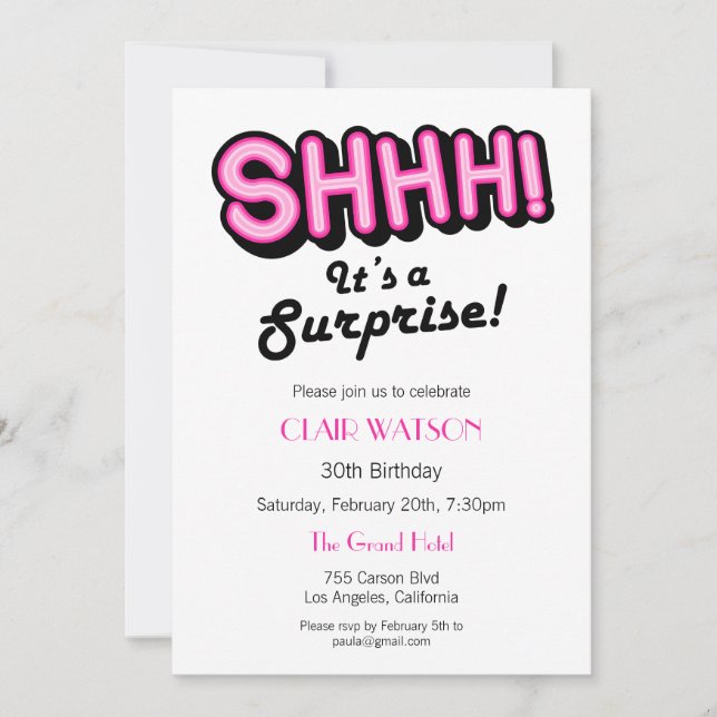 Simple Pink And White Surprise Birthday Party Invitation (Front)