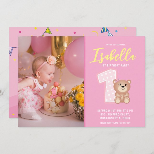 Simple Pink Baby Girl First Birthday Photo Invitation (Front/Back)