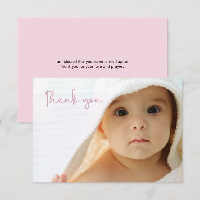 Simple pink Baptism Baby girl photo thank you card (Front/Back)