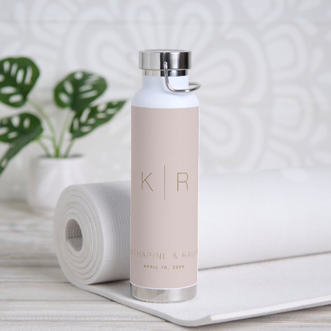 Simple Pink Beige Gold Monogram Wedding Water Bottle (Yoga)