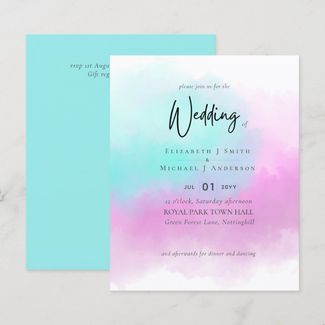 Simple Pink Blue Fade Blue Modern Budget Wedding (Front/Back)