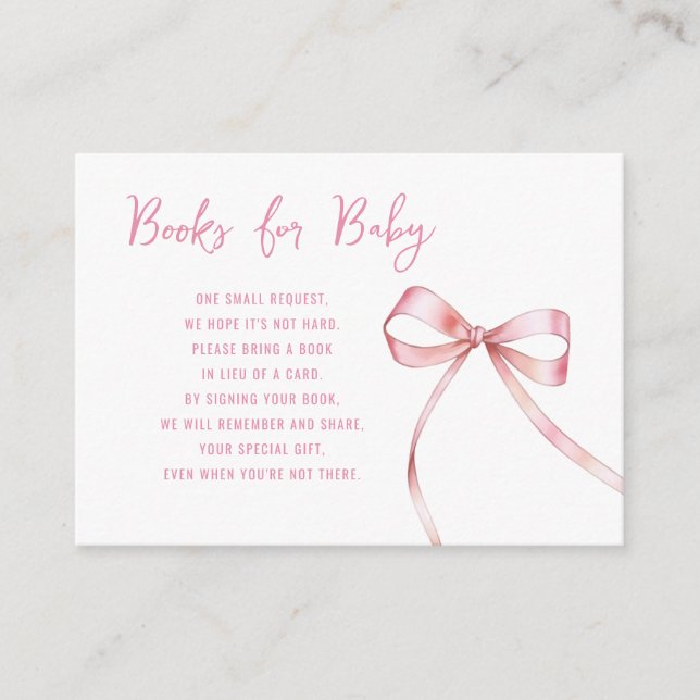 Simple Pink Bow Girl Baby Shower Books for Baby Enclosure Card (Front)